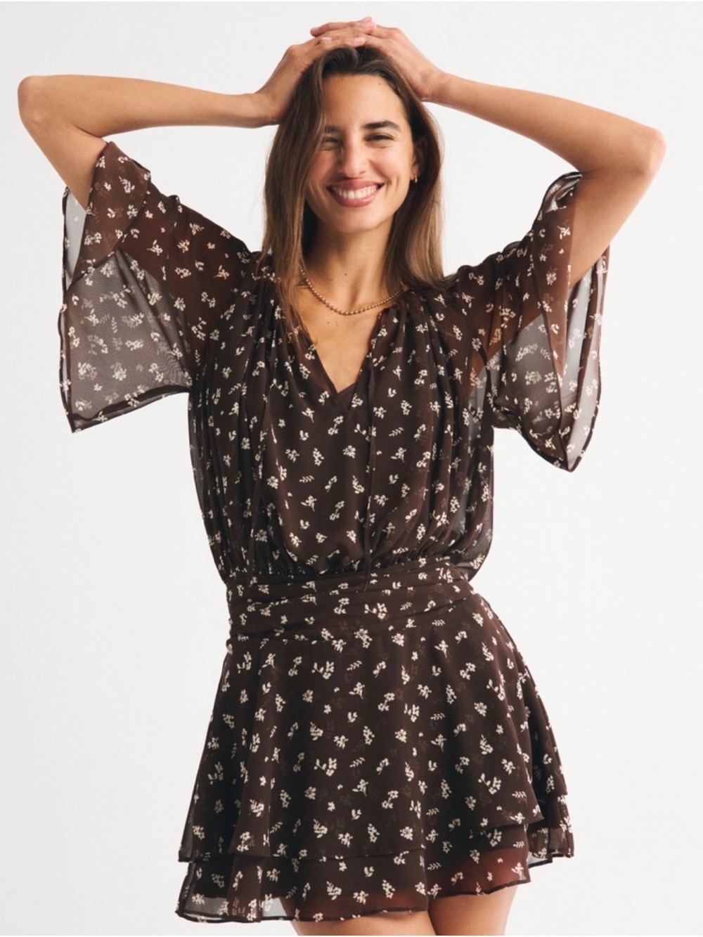 Abercrombie & Fitch Angel Sleeve Sheer Mini Dress Brown Floral XXLP NWT